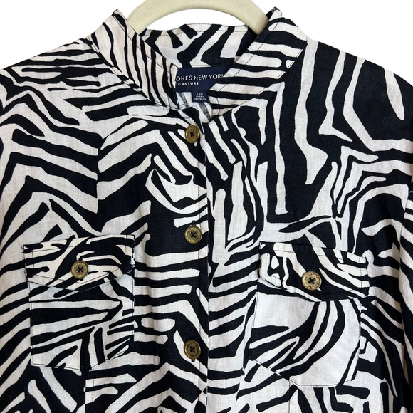 Jones New York Signature Womens Linen Blouse Large Zebra Safari Style Peplum Hem - Picture 2 of 5